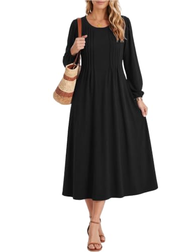 Image of Zeagoo Fall Dresses for Women Long Sleeve Midi Dress Casual A Line Dresses 2026 Pleated Flare Dress with Pockets