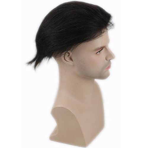 Men's Toupee Monofilament Net with PU around Base European Virgin Human Hair Lace Front Mens Hairpiece Hair Replacement System 10"×8" Natural Black Color