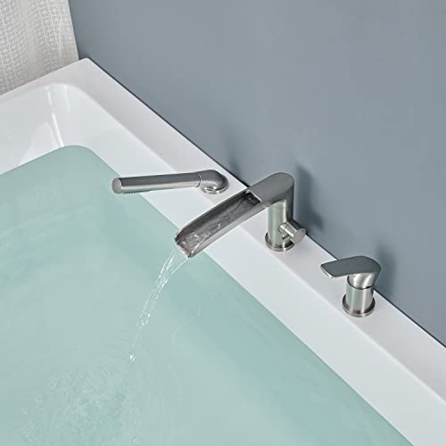 Wowkk 3010 BN Waterfall Roman Tub Faucet Brushed Nickel Deck Mount Bathtub Faucets Brass Tub Filler Bathroom Faucets thumb #2