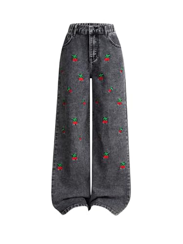 WDIRARA Girl's Cute High Waist Straight Leg Jeans Cherry Print Denim Pants with Pockets