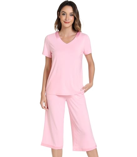 Image of NACHILA Bamboo Viscose Women's Pajamas Set Short Sleeve Pjs and Capri Pants | Soft like cloud,Breathable,Moisture wicking,Tagless