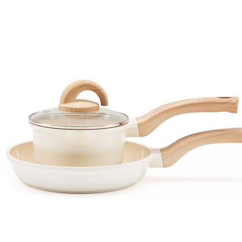 Image of Vkoocy Non Stick Pots and Pans Set Ceramic Cookware Set with Granite Dot, 3pcs Kitchen Cooking Sets Frying Pan Saucepan, No PTFE, No PFAS, Bright Cream