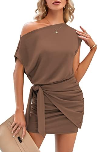 AMIMIV Womens 2023 Summer Off The Shoulder Dresses Casual Short Sleeve Bodycon Ruched Tie Waist Slim Ribbed Knit Mini Dress Brown