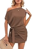 AMIMIV Womens 2023 Summer Off The Shoulder Dresses Casual Short Sleeve Bodycon Ruched Tie Waist Slim