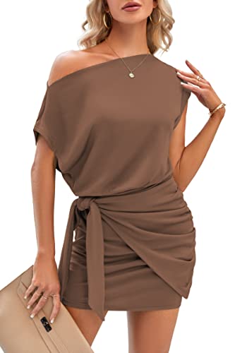 Amimiv Womens 2023 Summer Off The Shoulder Dresses Casual Short Sleeve Bodycon Ruched Tie Waist Slim Ribbed Knit Mini Dress Brown #TOP2