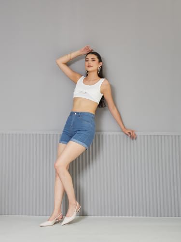 Image of Miss Chase Women's Relaxed Fit Mid Rise Highly Distressed Regular-Length Denim Shorts