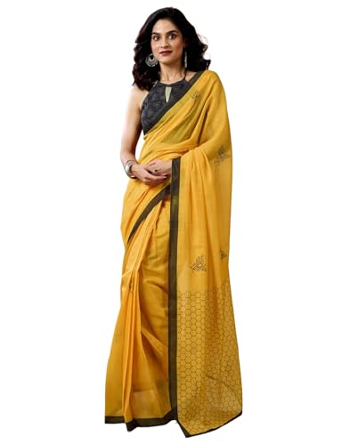 Image of SIRIL Women's Printed Chanderi Cotton One Minute Ready to Wear Saree with Unstitched Blouse Piece