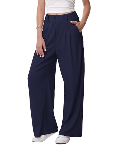 HMIYA Weite Hosen Damen-Lässig Locker Stoffhose Leichte Palazzo Hose Hohe Taille Dünne Herbst Hosen mit Tasche,Navy,M/32L
