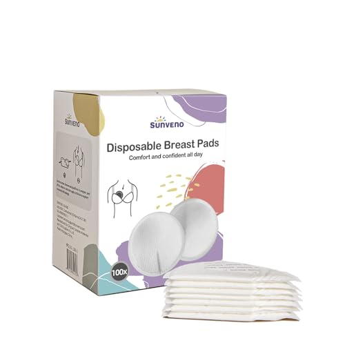 SUNVENO Disposable Nursing Pads, 100 Count, Ultra-Thin Breast Pads with Leak-Lock Protection, Breathable & Soft, 2 Adhesive Strips, Individually Wrapped for Postpartum & Pumping