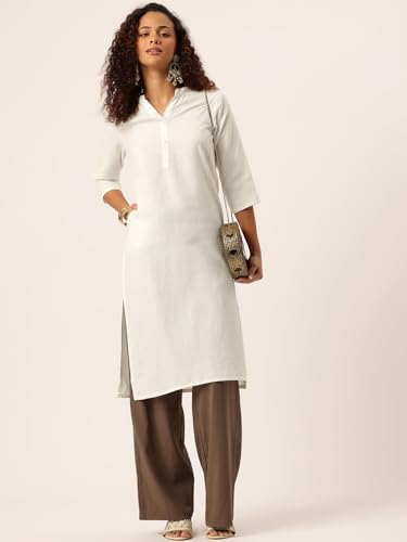 Image of feranoid Women's Plain Cotton Kurta with Mandarin Collar, 3 /4 Sleeves & Pocket