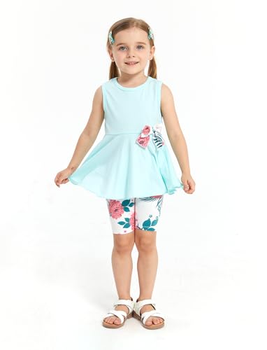 Image of PATPAT Girls Summer 2 Piece Outfits 4-12Y Butterfly Bow Sleeveless Tunic Tops and Floral Print Shorts Cute Clothes