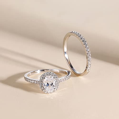 EAMTI 1.5CT 925 Sterling Silver Cubic Zirconia Bridal Rings Sets Oval Cut CZ Engagement Rings Wedding Band for Women Size 4-103