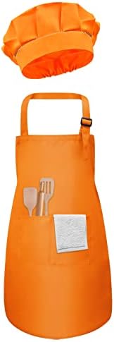 PTJJXA Kids Apron and Chef Hat Set Age 3-12, Adjustable Boy Girl Apron and Elastic Cooking Hat, Child Painting Aprons with 2 Large Pockets, Toddler Chef Hat Apron Set for Crafting Baking Kitchen BBQ