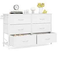 Chest of Drawers Bedroom - Hallway Rustic Clothes Storage Drawers - Living Room industrial Style Storage Unit with 6 Drawers - Vintage Fabric Wardrobe Dresser Metal Frame - White 100x30x65cm