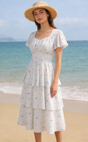 Image of Belle Poque Women's Vintage Square Neck Dress 2026 Summer Short Sleeve Layered Tiered Ruffle A-line Swing Midi Dress