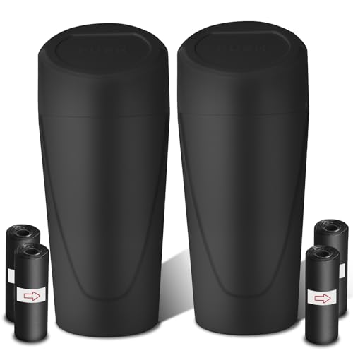 Car Trash Can with Lid-2Pack, Leakproof Garbage Can with 80 Attached Trash Bags, Mini Essential Car Accessories for Interior for Car, Home, Office（Black）