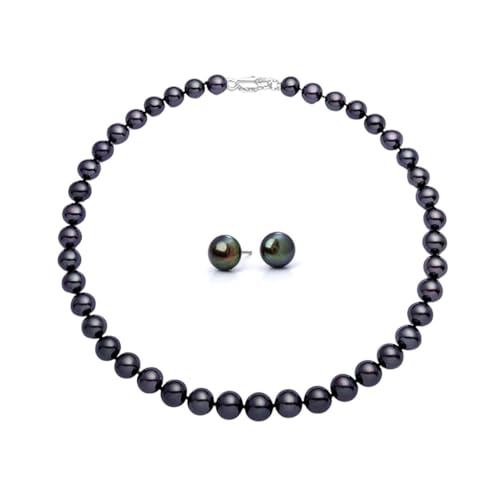 Tahitian Black Pearl Necklace & Earrings Set – Natural Saltwater Cultured Near-Round Pearls, Elegant Strand Necklace with Round Studs, 925 Sterling Silver Clasp – Luxury Jewelry Gift for Women
