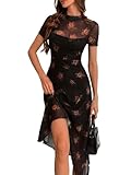 GothDark Women's 2026 Summer Floral Print Vintage Goth Dress Mesh Spliced Double-Layered Irregular Hemline Midi Dresses Black