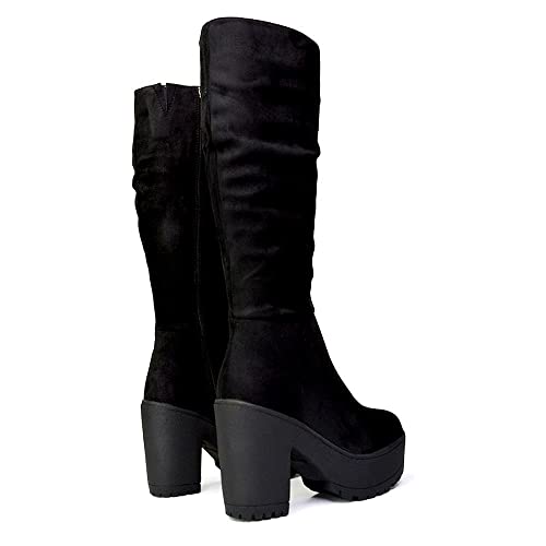 Essex Glam Womens Platform Knee High Boots Ladies Black Faux Suede Chunky Block Heel Zip Goth Biker 7 #TOP3