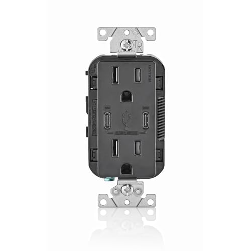 Leviton 30W (6A) USB Dual Type-C/C Power Delivery In-Wall Charger with 15A Tamper-Resistant Outlet, USB Charger for Smartphones, Tablets, Laptops, T5635-E, Black