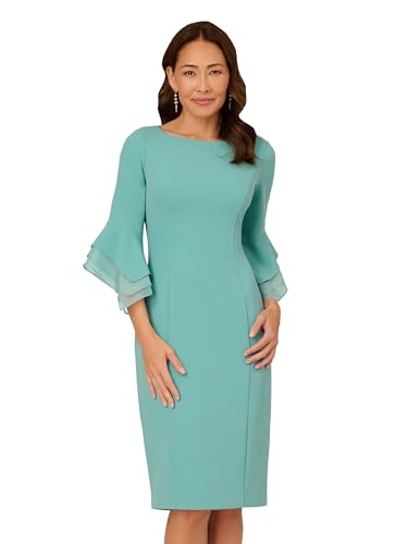 Image of Adrianna Papell Stretch Knit Crepe Sheath Dress with Tiered Organza Bell Sleeve
