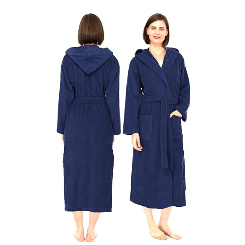 NAUSHA.HOME Luxury Hooded Bathrobe Mens & Ladies Dressing Gown 100% Cotton Terry Toweling Shawl Collar Robe Perfect For Hotel & Spa Soft Stylish Robe (as8, alpha, x_l, regular, regular, Navy)
