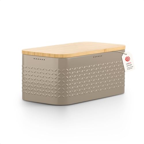 Image of LARS NYSOM Bread Box I Metal bread box for long lasting freshness with non-slip pads I Baked goods Bin with bamboo lid usable as cutting board I 13.6x7.3x6.2in (Taupe Brown)