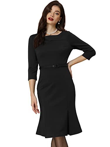 Allegra K Business Elegant Funeral Dresses for Women's Boat Neck 3/4 Sleeve Pleated Modest Midi Dress
