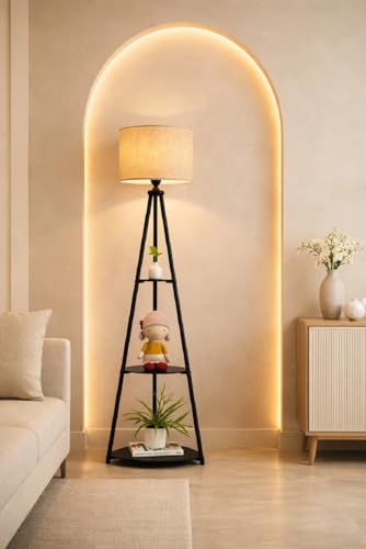 Image of Tripod Floor Lamp with 3 Circle Shape Shelves, Beige Jute Shade, Metal Corner Floor Lamp, for Decoration and Gifting (Pack of 1)