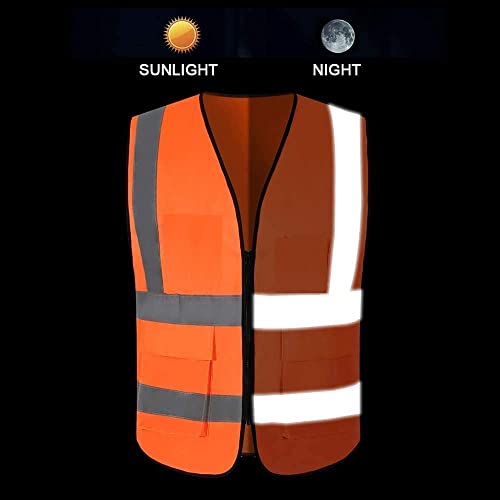 High Visibility Reflective Safety Zipper Polyester Fabric Jacket with 2 Pockets (2", Orange, Grey Reflector)