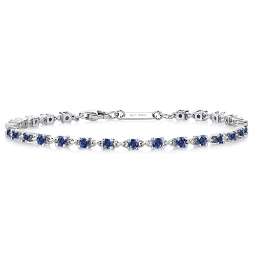 Gem Stone King Blue Created Sapphire Tennis Bracelet for Women in 925 Sterling Silver | 1.76 Cttw | Round: 2.5MM | Gemstone September Birthstone | 7 Inch
