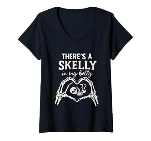 Damen There's a Skelly in My Belly Schwangerschaft, lustige Halloween-Party T-Shirt mit V-Ausschnitt