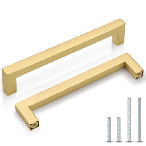 Probrico 10 Pack Square Cabinet Pulls 6-1/4 Inch Brushed Brass Cabinet Handles for Kitchen, Gold Kitchen Hardware for Cupboard, Modern Brass Drawer Pulls Drawer Handles Inside
