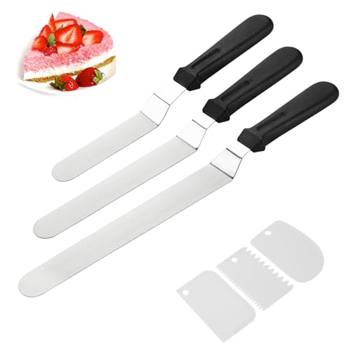 DeBage Icing Spatula, Cake Spatula, Frosting Spatula Set - 6", 8", 10" Stainless Steel Offset Spatulas with Non-Slip Handle & 3 Cake Scrapers, Angled Baking Decorating Tools