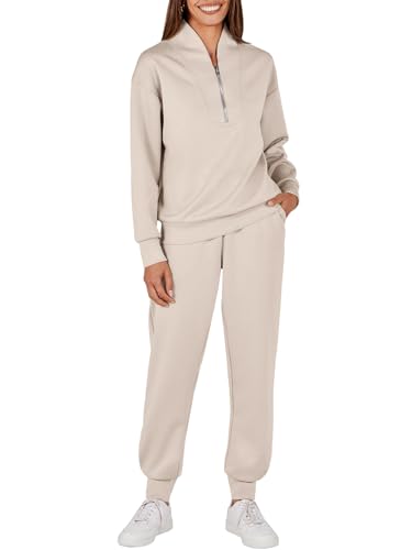 ANRABESS Women's 2 Piece Outfits Sweatsuit Half Zip Sweatshirt Jogger Sweatpant Trendy 2024 Fall Lounge Set Tracksuit Clothes Apricot Small