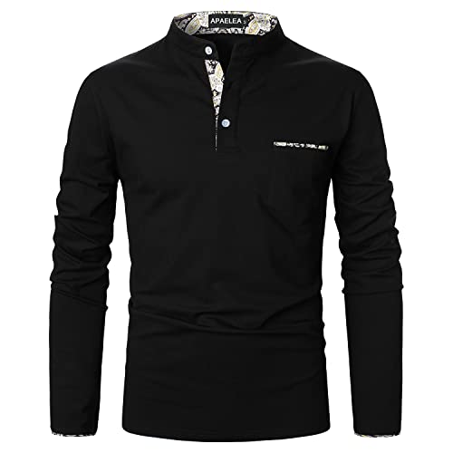 APAELEA Polo Col Mao Homme Paisley Chemise Manches Longues Col Henley Tshirt Tops,Noir,L Cover