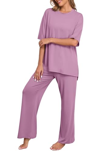 Image of PrinStory Womens Pajamas Sets 2 Piece Lounge Set Short Sleeve Tops and Long Pants Soft Pjs Loungewear with Pockets