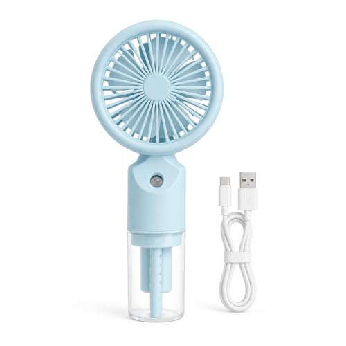 Mini Ventilador Portátil con Pulverizador de Agua, Ventilador de Mano Recargable USB C con Depósito 25 ml, 3 Velocidades, Batería 500 mAh, Ventilador Pequeño Silencioso para Viaje Oficina Playa
