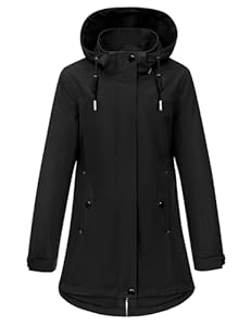 CMTOP Jacke Damen Lang Wasserdicht Winddicht Parka Reißverschlusstasche Übergangsjacke Abnehmbare Kapuze Softshelljacke Windbreaker Leicht Regenjacke für Frühling Sommer Herbst(Schwarz, XL)