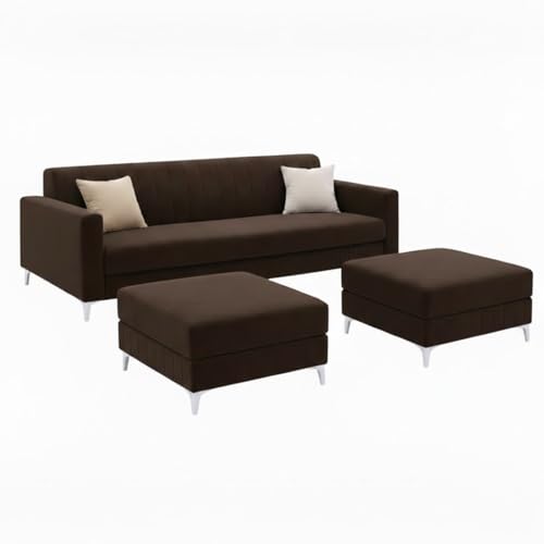 Image of Amelia 5 Seater L Shape Sofa Set with 2 Movable Ottomans | Flexible Layout | Rich Velvet Suede Fabric | Silver Legs | Spacious Seating | Modern Sofa for Living Room (Dark Brown)
