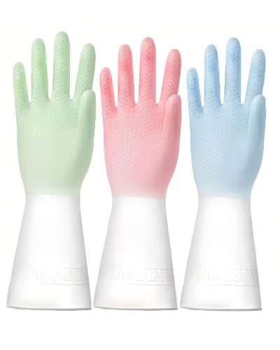 AORHOFJ Guantes de limpieza de goma, guantes limpieza，guantes cocina，guantes limpieza hogar，guantes domésticos reutilizables con forro, guantes de látex impermeables y antideslizantes, (3 pares M)