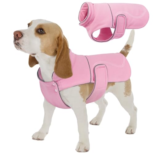 Kuoser Dog Fleece Vest, Large Dog Coat Thick Warm Dog Jackets for Large Dogs Winter, Pet Sweatshirt Puppy Stretchy Sweater Cold Weather Clothes with Leash Hole for French Bulldog,Shiba, Pink