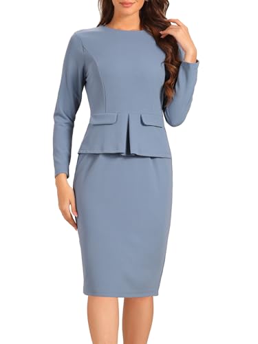 Allegra K Damen Figurbetonte Kleider Rundhalsausschnitt Langarm Lässige Arbeitsoutfits Schößchen Etuikleid, grau/blau, XL