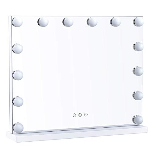 Ovonni Hollywood Makeup Vanity Mirror with Lights, Tabletop Cosmetic Lighted Mirror with 14 LED Dimmable Touch Control Bulbs (White)