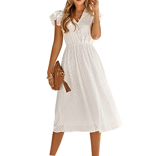 Lnmuld Sexy Dresses For Women Plus Size Dress Women Solid Color Short Sleeve Flutter Sleeve V Neck Buttoned Dress #TOP3