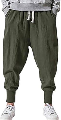Mens Linen Harem Pants Lightweight Drawstring Elastic Waist Baggy Joggers Casual Cargo Sweatpants Pant