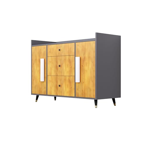 Image of Bniture Wooden Sideboard Cabinet for Living Room | Wooden Storage Cabinet with 2 Door & 3 Drawer | Engineered Wood Multipurpose Cabinet with Spacious Shelves for Home | Slate Grey & Giant Wood