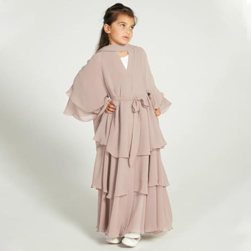 Kids Abayas Dress for Girls Muslim Dress with Hijab Eid Ramadan Chiffon Layered Open Abaya Dress Dubai Turkey Islamic Kaftan Robe Open Front Cardigan Dress Muslim Prayer Clothes Apricot 3-4 Years by IWEMEK - Used condition - Image 3