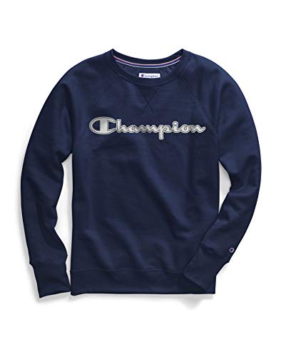 Champion Women's Powerblend Boyfriend Crew Sweatshirt, Athletic Navy - Applique, Large
