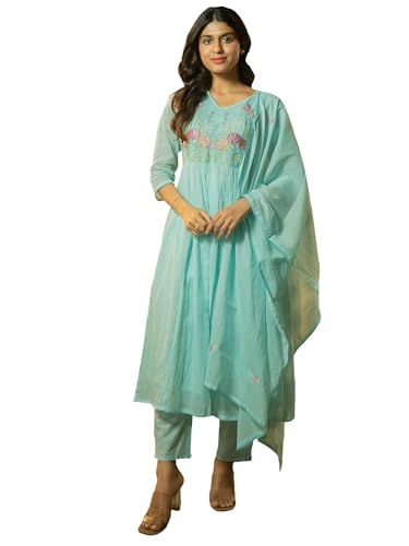 Image of INDO ERA Women's A-Line Pure Cotton Floral Embroidered Kurta & Pant with Dupatta Set (R2STR9793)
